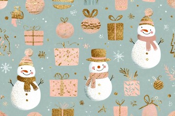 Cute christmas seamless pattern with smiling snowmen and gift boxes