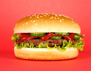 Delicious Fresh Burger with Lettuce and Ketchup on Red Background