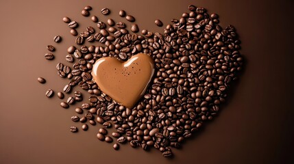 Heart Shape Cocoa Spread Surrounded by Coffee Beans on Brown Surface