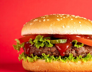 Delicious Juicy Hamburger with Fresh Toppings on Red Background
