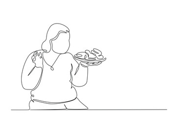 obese woman eating food in continuous one line drawing. Single line art illustration of overweight woman eating junk food, obesity concept. Editable vector.