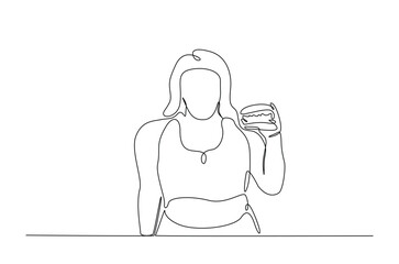 obese woman eating food in continuous one line drawing. Single line art illustration of overweight woman eating junk food, obesity concept. Editable vector.