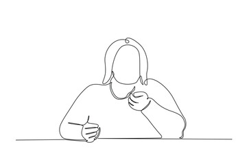 obese woman eating food in continuous one line drawing. Single line art illustration of overweight woman eating junk food, obesity concept. Editable vector.