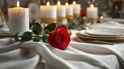 Obraz premium A romantic 3D table setting with elegant candles and a red rose.