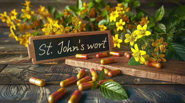 St. John's wort flowers capsules and supplements. Selective focus. Nature.
