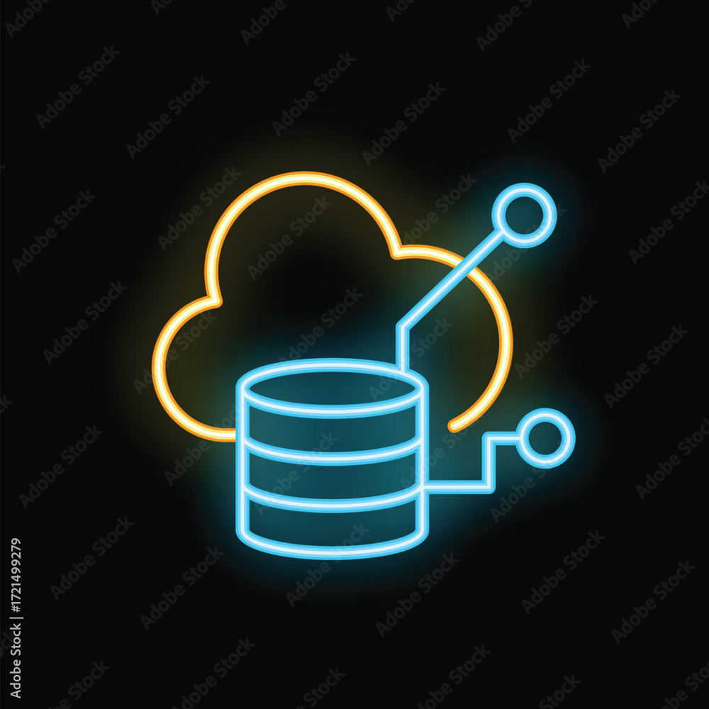 Aufkleber glowing neon icon of cloud computing connecting to database server with lines