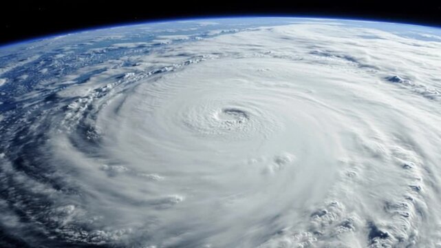 4k drone footage of massive hurricane cyclone from space, swirling storm clouds over Earth showing extreme weather, natural disaster, global climate change, and powerful atmospheric motio