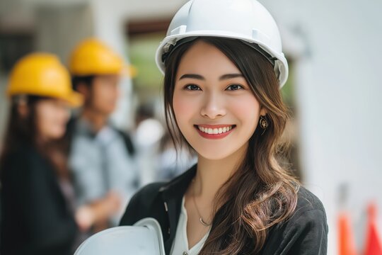Portrait of a smiling young asian female architect holding a hard hat