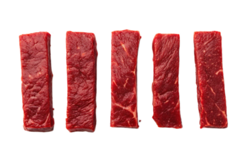 Five raw beef strips arranged in a row against a dark background ready for cooking or preparation