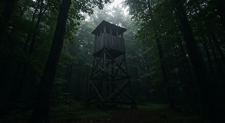 Mysterious wooden lookout tower stands tall amidst dark, foggy forest canopy