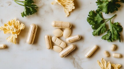 Herbal Supplements and Capsules on a Marbled Surface with Leaves