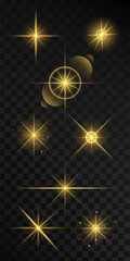 Set of light effects golden yellow shining light isolated on transparent background. Sun flare with rays and glare. Glow effect. Star burst with shimmering sparkles.