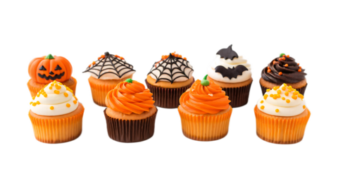A group of halloween themed cupcakes with various toppings and decorations on a black background close up
