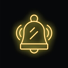 Yellow glowing neon bell icon ringing on a black background