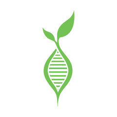 Green dna strand with leaves at the top representing growth and development on a white background