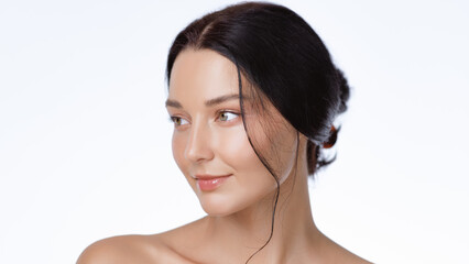 Natural Beauty Portrait Of Woman With Clear Skin In Minimal White Studio