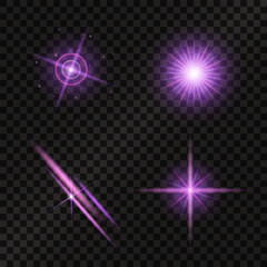 Set of light effects purple pink glowing light isolated on transparent background. Sun flare with rays and glare. Glow effect. Star burst with shimmering sparkles.