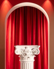 Classical Pedestal Display with Rich Red Curtains Background