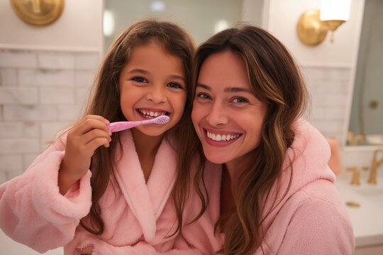 Happy mother and daughter in bathrobes brushing their teeth together