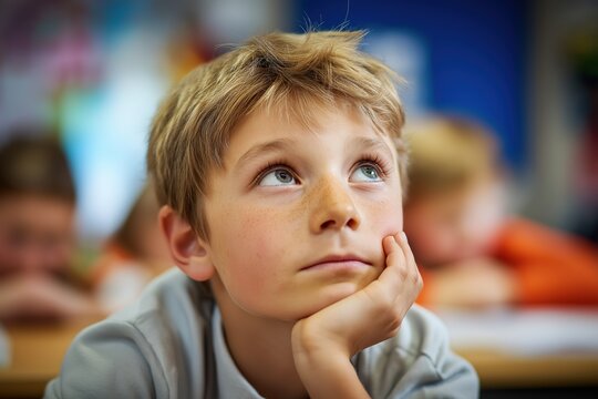Thoughtful young boy with freckles looking up in a classroom