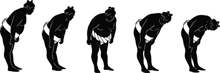 Sumo wrestler silhouettes bowing sequence, Japanese martial art respect, sumo wrestling tradition, cultural sports illustration, traditional bow ceremony in ring