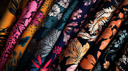 Vibrant tropical floral fabric rolls showcase bold colors and intricate botanical designs perfect for fashion and decor inspiration