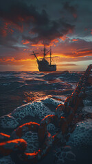 Spectacular Sunset: An old sailing ship, silhouetted against a breathtaking sunset, navigates the vast, endless ocean. Dramatic light, sea waves and rusty chain.