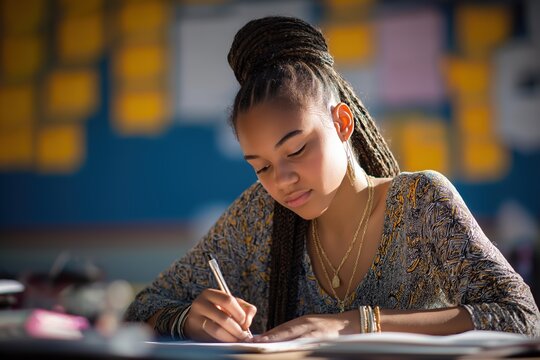 Focused african american teenage girl with braids writing in a classroom