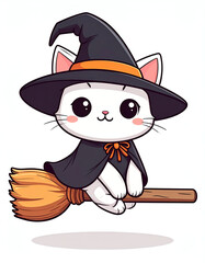 Adorable Witch Cat Flying on Broomstick