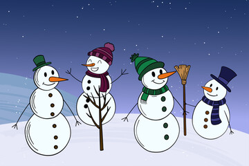 Festive winter illustration featuring a group of cheerful snowmen in a Christmas setting. Cheerful and cozy New Year scene full of joy and holiday spirit