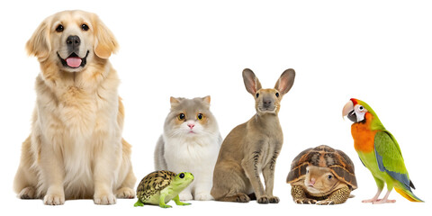 Fototapeta premium A diverse group of pets posing together including a dog cat rabbit parrot and two turtles on black