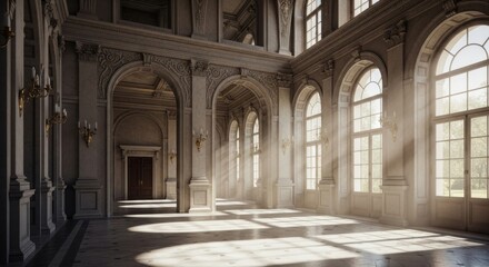 Obraz premium Elegant Historic Ballroom with Large Arched Windows Bright Sunlight Streaming in Ornate Decor