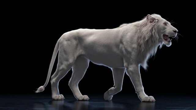 Majestic white lion walking gracefully on black background, symbol of strength, power, rarity, and purity, stunning wildlife portrait showcasing beauty of nature&rsquo;s rare predator in 4k detail