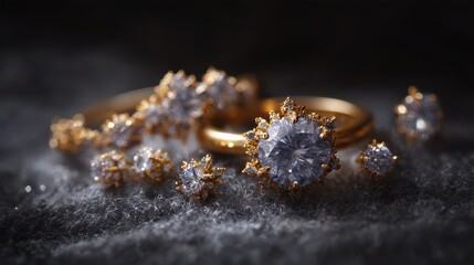 Stunning Close-Up of Elegant Gold Rings and Sparkling Diamonds on Dark Textured Background