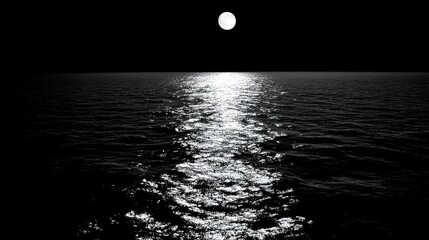 A bright full moon shines over the surface of the sea, its soft light dancing on the water, highlighting the tranquility of the moonlight and the ocean, creating a serene nighttime coastal scene.
