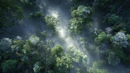 Naklejka premium Aerial View of Lush Green Forest Under Soft Mist and Natural Light
