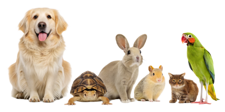 A group of diverse pets including a dog turtle rabbit guinea pig cat and parrot posing together