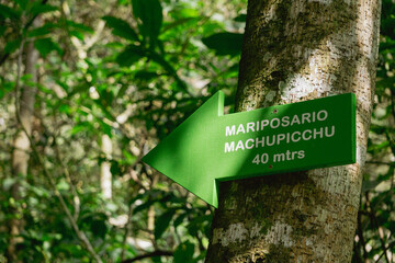 Wooden sign pointing to the butterfly sanctuary of Machu Picchu surrounded by lush tropical jungle