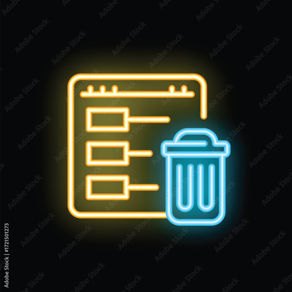 Aufkleber neon glowing icon of a trash can deleting files from a server, representing data removal and digital