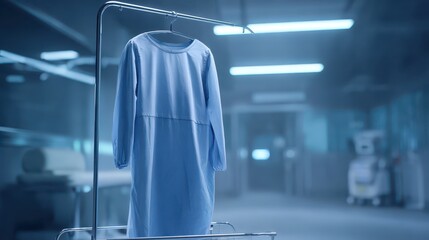 Hospital Gown Hanging in Empty Medical Environment with Blue Lighting