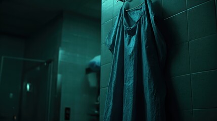 Hospital Gown Hanging in Dimly Lit Room with Green Tint