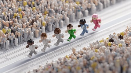 Voxel Style Athletes Competing in a Colorful Race Scene Surrounded by Enthusiastic Spectators