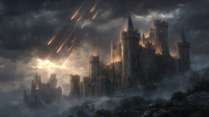 Naklejka premium Fiery Siege Against a Medieval Castle under Dramatic Clouds and Fiery Skies