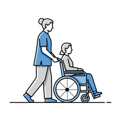 Caregiver assisting senior in wheelchair, minimalist line art style.