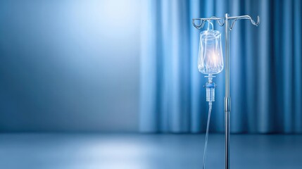 Hospital IV Stand with Clear Fluid in Bright Blue Environment