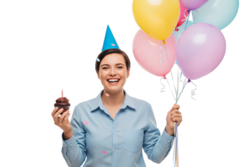Smiling Person Holding Balloons and Birthday Cupcake with Candle