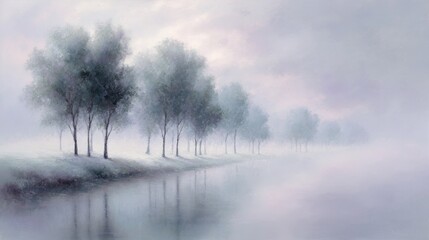 Impressionist Depiction of Alnus Maritima Trees Under Soft Morning Light by a Misty Lake