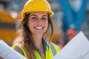 Happy female engineer with blueprints on a construction site