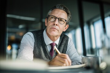 Pensive mature businessman thinking and writing in a cafe