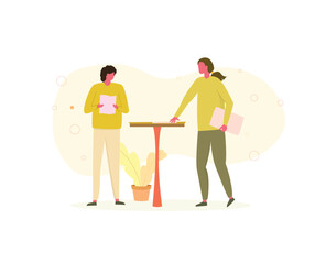 A girl give a paper on the table to other girl who read other paper vector illustration.